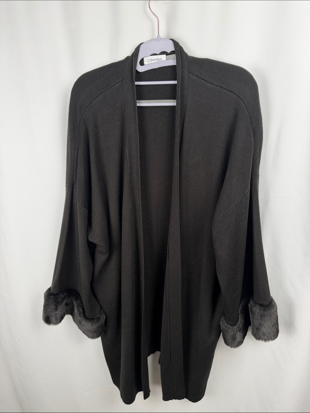 Calvin Klein Black Open-Front Cardigan with Faux Fur Cuffs
